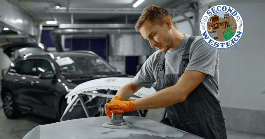 A worker in an auto body shop using a sander on a car hood, with the Second Western Insurance Services logo in the corner.