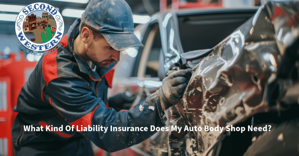 An auto mechanic wearing a cap and gloves works on a damaged car in an auto body shop. The logo of Second Western Insurance Services is visible in the top left corner. The text at the bottom reads, 'What Kind Of Liability Insurance Does My Auto Body Shop Need?'