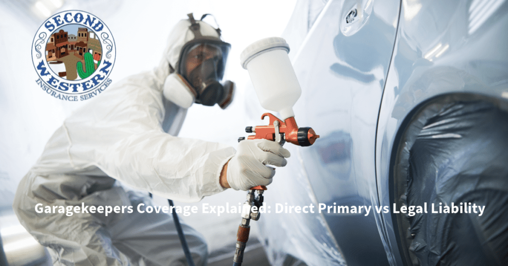 Auto body shop technician wearing protective gear and using a spray gun to paint a car, with the Second Western Insurance Services logo in the top left corner.