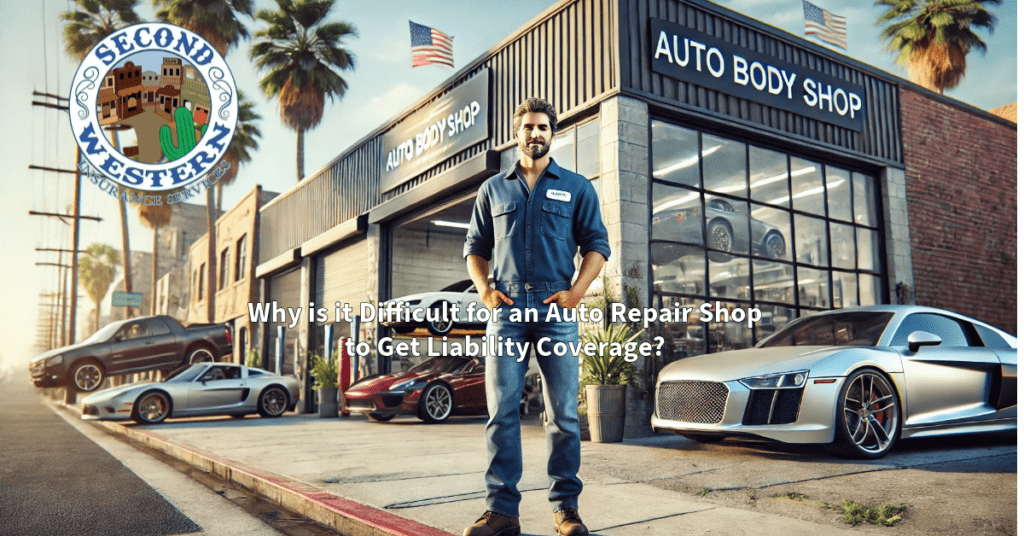 A confident mechanic standing in front of a modern auto body shop, with luxury cars parked nearby and a logo for Second Western Insurance Services in the upper left corner.